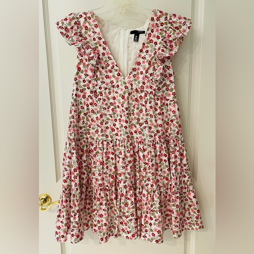 ❤️ AQUA BLOOMINGDALE'S V NECK FLORAL SLEEVELESS TIERED SPRING SUMMER DRESS RED